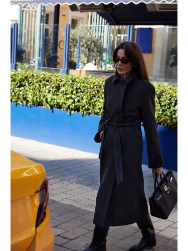 Trendyol Black Belted Regular Wool Long Coat Formal Lined Coat