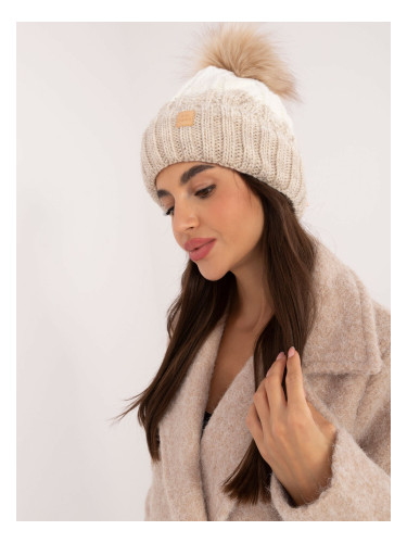 Beige and ecru winter hat with pompom RUE PARIS