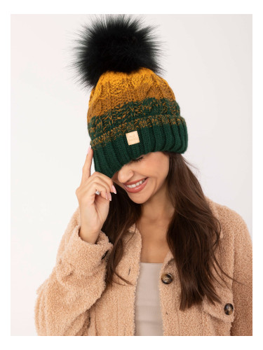 Dark green and dark yellow hat with pompom RUE PARIS