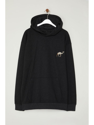 Trendyol Anthracite Oversize/Wide Cut Camel Embroidered Fleece Inside Hooded Sweatshirt