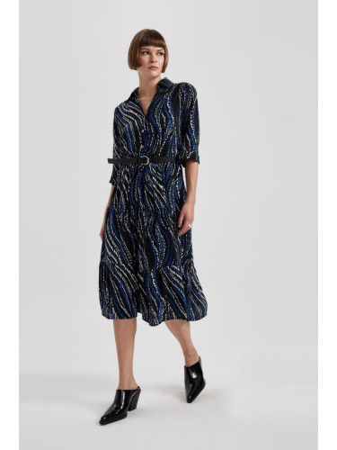 DEFACTO Shirt Collar Patterned Half Sleeve Midi Dress