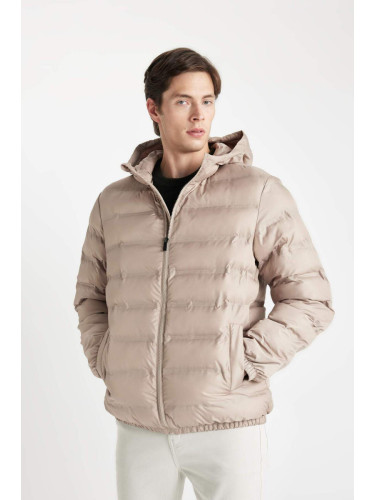 DEFACTO Men's Beige Water Repellent Slim Fit Slim Cut Hooded Zippered Pocket Puffer Jacket