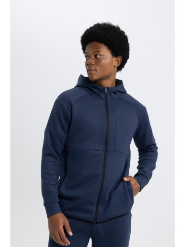 DEFACTO Navy Blue Fit Slim Fit Slim Fit Hooded Scuba Diver Fabric Zippered Sweatshirt