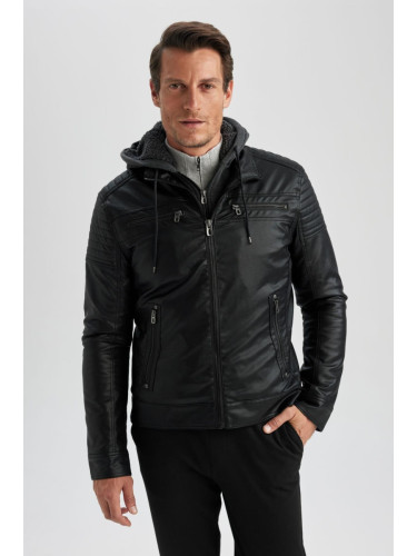 DEFACTO Slim Fit Hooded Plush Lining Jacket Faux Leather Coat