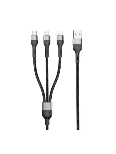 Кабел за данни DeTech DE-52UCL, 3 в 1, USB - 2хType-C, Lightning, 1.0m, Черен - 40518