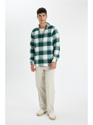 DEFACTO Men's Green Regular Fit Regular Cut Buttoned Checked Lumberjack Flannel Long Sleeve Shirt