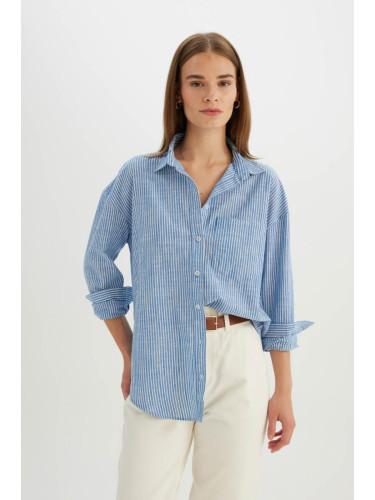 DEFACTO Oversize Fit Striped Linen Look Long Sleeve Shirt