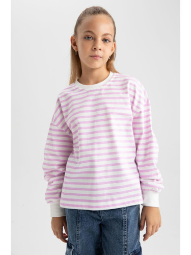 DEFACTO Girls' Crew Neck Striped Combed Combed Long Sleeve T-Shirt