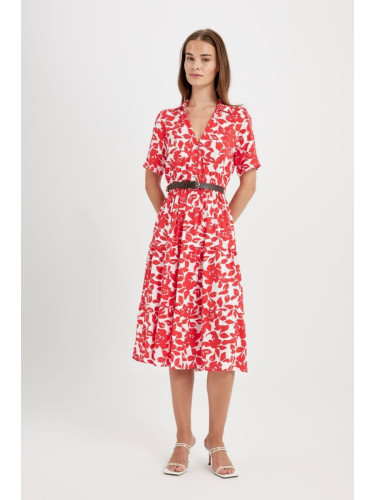 DEFACTO Shirt Collar Patterned Short Sleeve Midi Dress