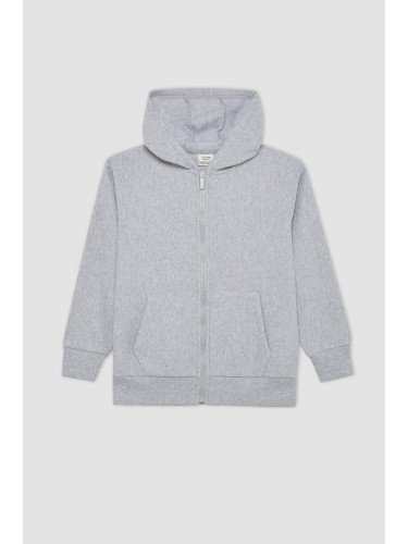 DEFACTO DFC - Boys Hooded Zippered Gray School Cardigan