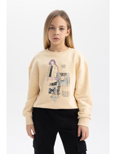 DEFACTO Girl's Crew Neck Printed Sweatshirt