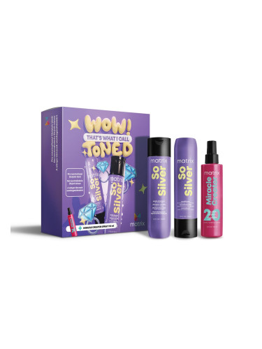 Matrix So Silver Подаръчен комплект шампоан So Silver Purple Shampoo 300 ml + балсам So Silver Conditioner 300 ml + спрей за грижа за косата Miracle Creator Multi-Tasking Treatment 190 ml