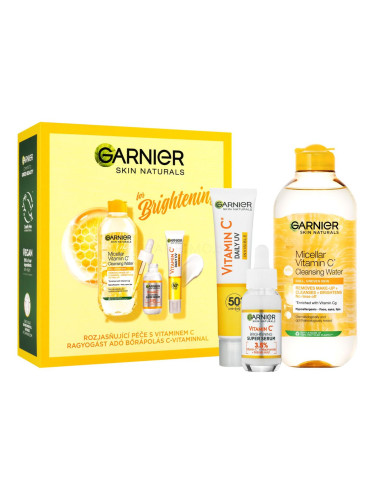 Garnier Skin Naturals Vitamin C for Brightening Подаръчен комплект серум за лице Skin Naturals Vitamin C Brightening Super Serum 30 ml + мицеларна вода Skin Naturals Micellar Vitamin C Cleansing Water 400 ml + флуид за лице Skin Naturals Vitamin C Daily UV SPF50 Invisible 40 ml