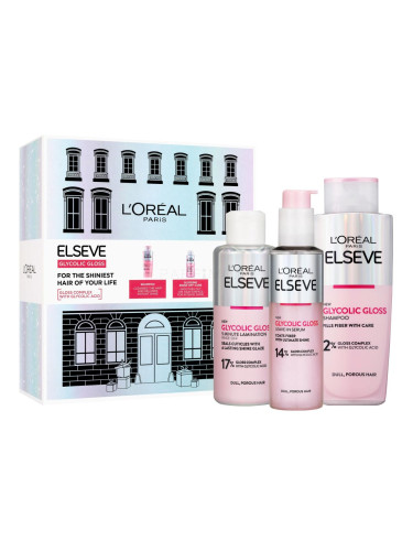 L'Oréal Paris Elseve Glycolic Gloss Подаръчен комплект шампоан Elseve Glycolic Gloss 200 ml + грижа за косата Elseve Glycolic Gloss 5 Minute Lamination 200 ml + серум за коса Elseve Glycolic Gloss Leave-In Serum 150 ml