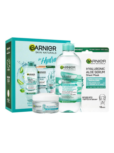 Garnier Skin Naturals Hyaluronic Aloe for Hydrating Подаръчен комплект гел за лице Skin Naturals Hyaluronic Aloe Jelly Daily Moisturizing Care 50 ml + мицеларна вода Skin Naturals Micellar Hyaluronic Aloe Water 400 ml + маска за лице Skin Naturals Hyaluronic Aloe Serum Tissue Mask 28 g