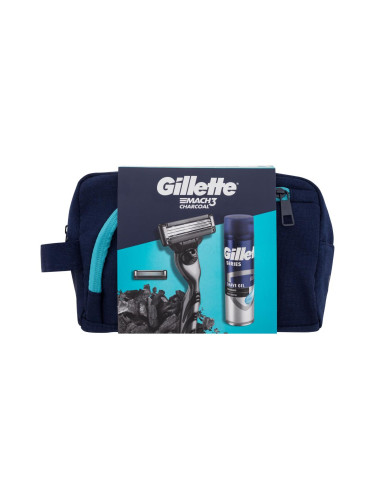 Gillette Mach3 Charcoal Подаръчен комплект самобръсначка 1 бр + гел за бръснене Series Cleansing 200 ml + резервни ножчета 1 бр + козметична чанта