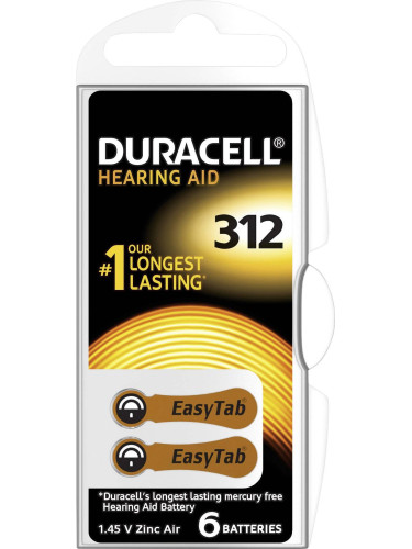 Батерия цинково въздушна DURACELL ZA312 6 бр. бутонни за слухов апарат