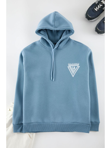 Trendyol Blue Oversize/Wide Cut Printed Cotton Fleece Sweatshirt