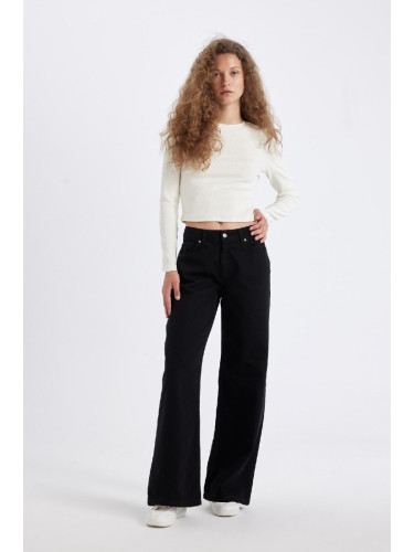 DEFACTO Wide Leg Wide Leg Regular Waist Plain Basic Gabardine Black Trousers