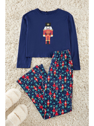 Trendyol Navy Blue 100% Cotton Christmas Themed Knitted Pajamas Set