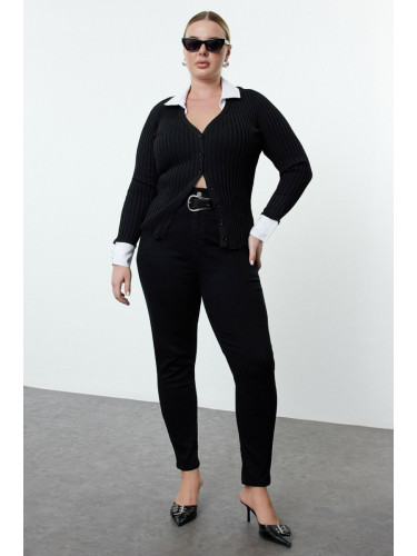 Trendyol Curve Black Shirt Collar Buttoned Ribbed Knitwear Cardigan