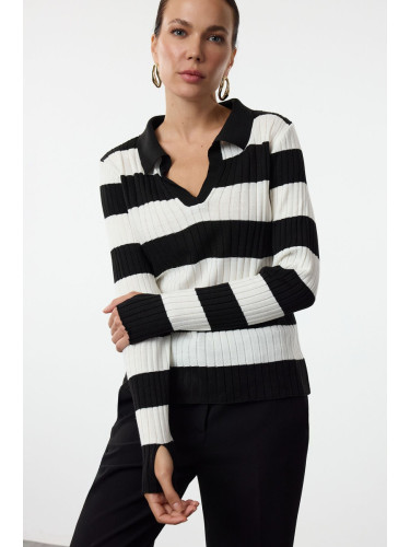 Trendyol Black Striped Sleeve Detailed Polo Neck Knitwear Sweater