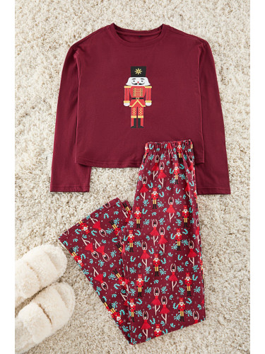 Trendyol Claret Red 100% Cotton Christmas Themed Knitted Pajama Set