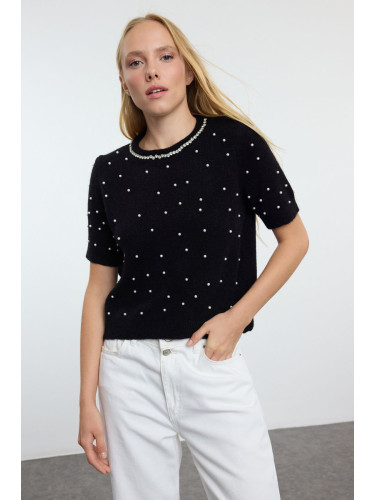 Trendyol Black Wool Pearl and Stone Embroidered Knitted Sweater