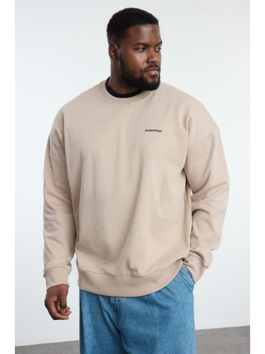 Trendyol Beige Crew Neck Oversize/Wide Cut Plus Size Sweatshirt with Fleece Inside