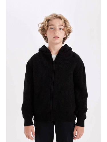 DEFACTO Boy Basic Knitwear Polar Fleece Lined Hooded Zippered Black School Cardigan