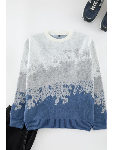 Trendyol Indigo Unisex Crew Neck Landscape Knit Sweater