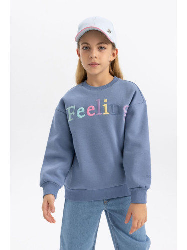 DEFACTO Girls' Crew Neck Printed Soft Hairy Thick Sweatshirt