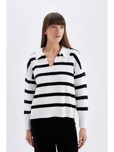 DEFACTO Women's Relax Fit Polo Collar Striped Knitwear Sweater