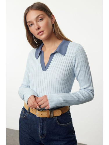 Trendyol Blue Polo Neck Color Block Knit Sweater