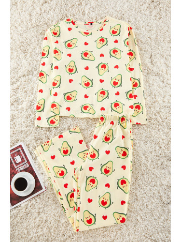 Trendyol Green-Multicolored 100% Cotton Avocado and Heart Patterned Knitted Pajama Set