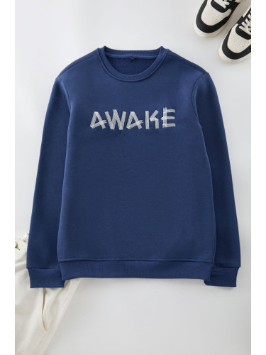 Trendyol Navy Blue Oversize/Wide Cut Fleece Embroidered Sweatshirt