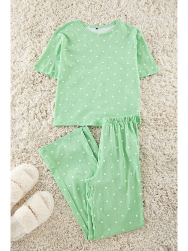 Trendyol Mint 100% Cotton Heart and Polka Dot Patterned Knitted Pajama Set