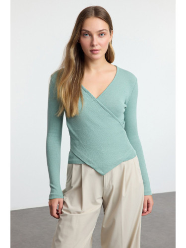 Trendyol Mint Fitted Double Breasted Neck Long Sleeve Ribbed Stretchy Knitted Blouse