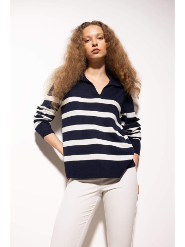 DEFACTO Women's Navy Blue Regular Fit Polo Collar Striped Basic Plain Knitwear Sweater