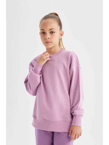 DEFACTO Girl Lilac Relax Fit Crew Neck Cotton Basic Plain School Sweatshirt