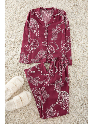 Trendyol Claret Red Animal Patterned Viscose Woven Pajama Set