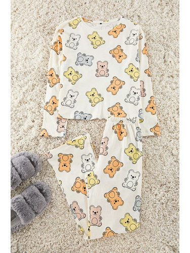 Trendyol Ecru 100% Cotton Teddy Bear Knitted Pajama Set