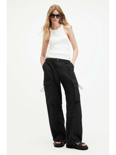 Памучен панталон AllSaints BARBARA TROUSER в черно с кройка тип карго, с висока талия W021TA