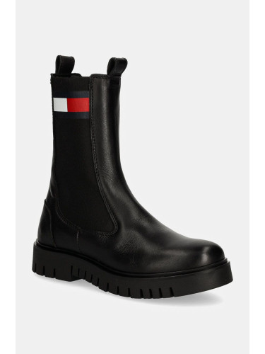 Кожени боти челси Tommy Jeans TJW LONG CHELSEA BOOT в черно с платформа EN0EN02625