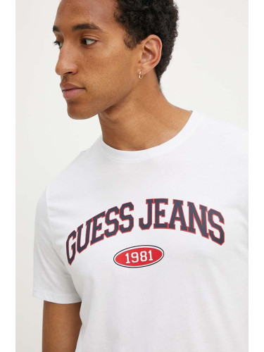 Памучна тениска Guess Jeans в бяло с принт M4YI57 K8HM0