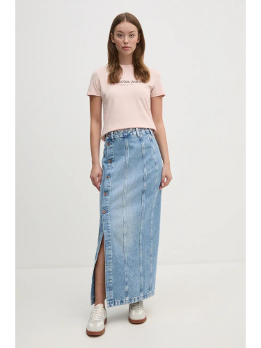 Дънкова пола Pepe Jeans MIDI SKIRT UHW EMBRO в синьо дълга със стандартна кройка PL901166