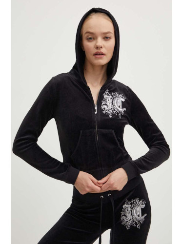 Кадифен суичър Juicy Couture RENAISSANCE ROBYN HOODIE в черно с качулка с апликация JCGAS224001