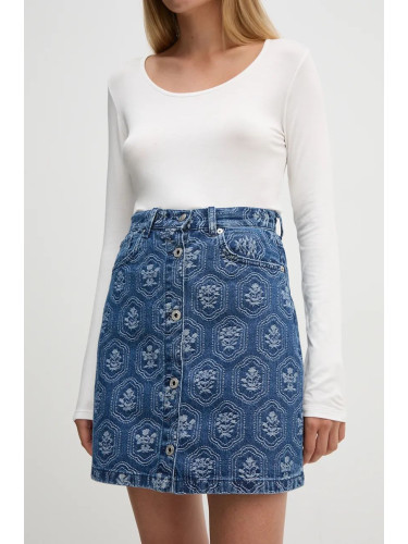 Дънкова пола Pepe Jeans MINI SKIRT HW JACQUARD в синьо къса разкроена PL901165