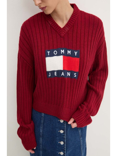 Пуловер Tommy Jeans дамски в бордо от лека материя DW0DW18528