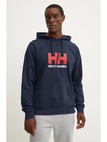 Памучен суичър Helly Hansen HH LOGO в тъмносиньо с качулка с принт 30394